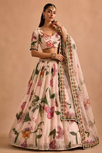 Multicolor Printed & Beautiful Handwork Silk Blend Lehenga Set 