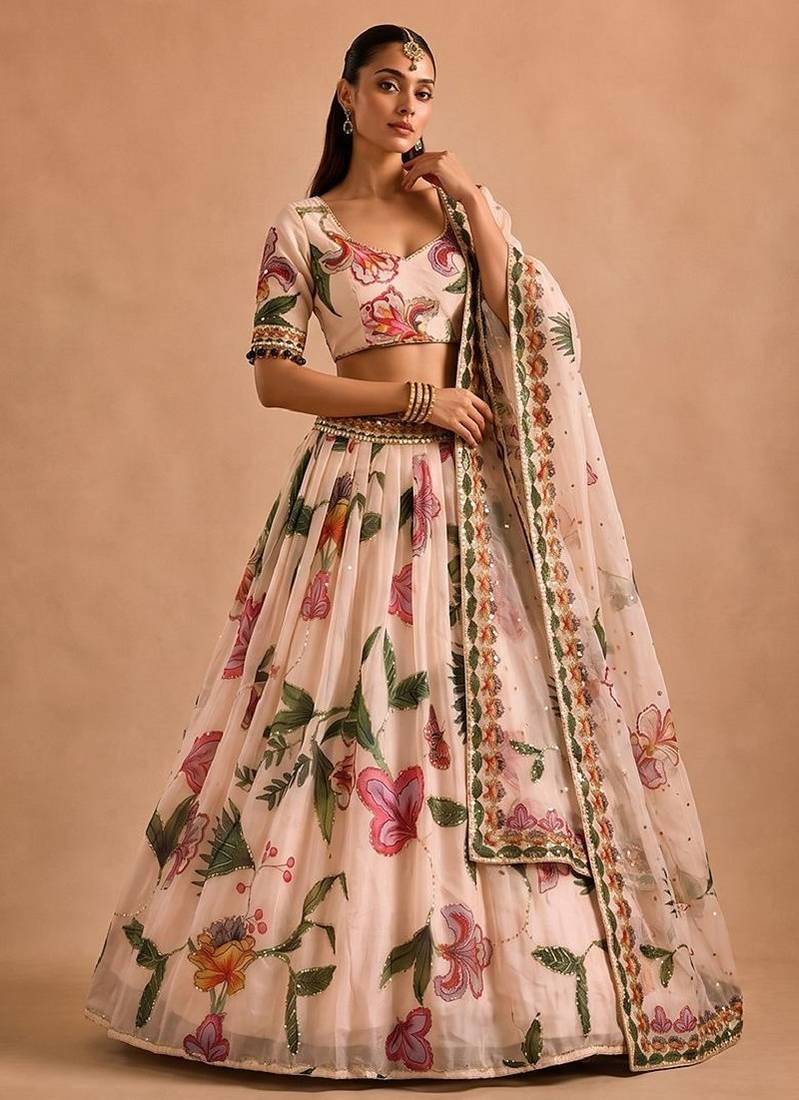 Multicolor Printed & Beautiful Handwork Silk Blend Lehenga Set 