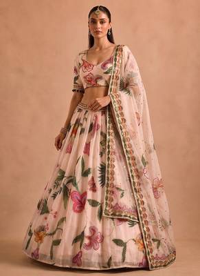 Multicolor Printed & Beautiful Handwork Silk Blend Lehenga Set  2