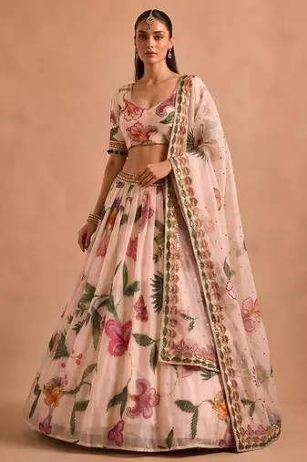 Multicolor Printed & Beautiful Handwork Silk Blend Lehenga Set 