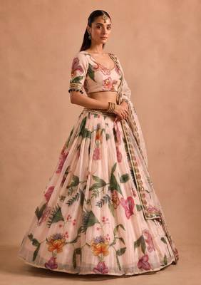 Multicolor Printed & Beautiful Handwork Silk Blend Lehenga Set  3