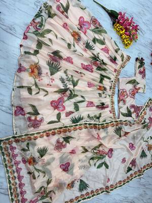 Multicolor Printed & Beautiful Handwork Silk Blend Lehenga Set  4