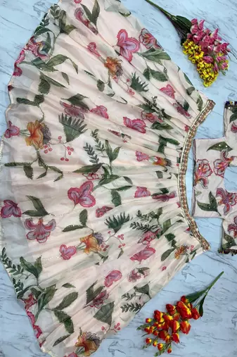 Multicolor Printed & Beautiful Handwork Silk Blend Lehenga Set 