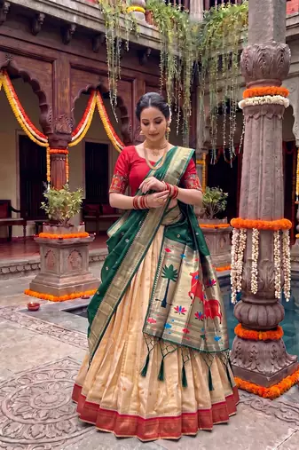 Women's Kanchipuram silk blend Zari Woven Lehenga Choli with Paithani Jacquard Dupatta