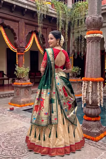 Women's Kanchipuram silk blend Zari Woven Lehenga Choli with Paithani Jacquard Dupatta