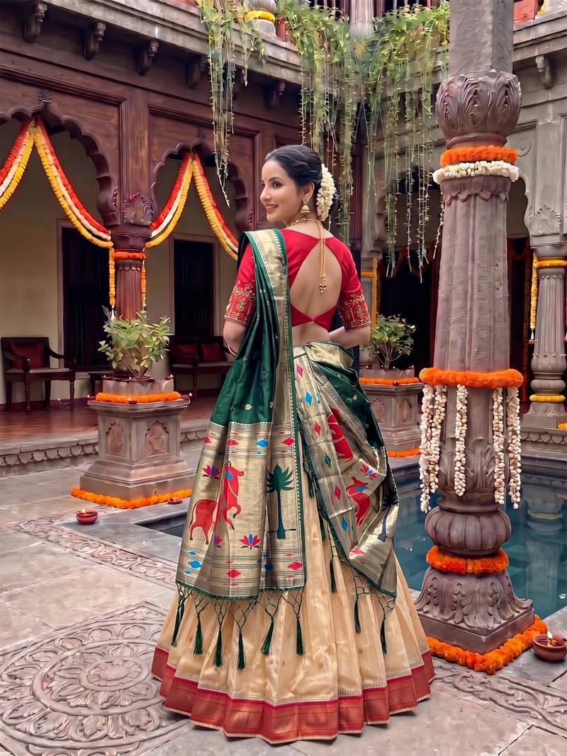 Women's Kanchipuram silk blend Zari Woven Lehenga Choli with Paithani Jacquard Dupatta