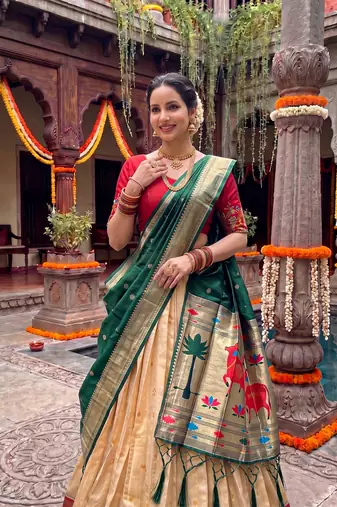 Women's Kanchipuram silk blend Zari Woven Lehenga Choli with Paithani Jacquard Dupatta