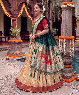 Women's Kanchipuram silk blend Zari Woven Lehenga Choli with Paithani Jacquard Dupatta 4