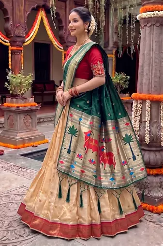 Women's Kanchipuram silk blend Zari Woven Lehenga Choli with Paithani Jacquard Dupatta