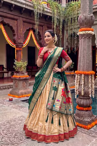 Women's Kanchipuram silk blend Zari Woven Lehenga Choli with Paithani Jacquard Dupatta