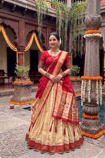 Women's Kanchipuram Silk Zari Woven Lehenga Choli with Paithani Jacquard Dupatta.