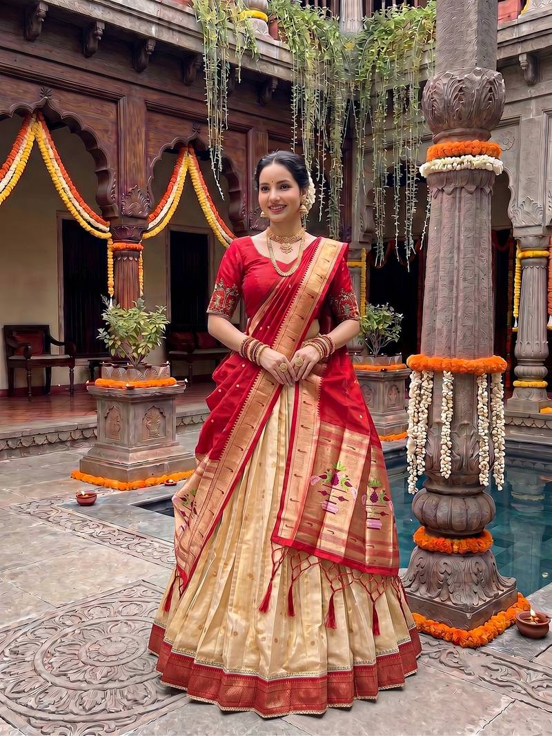 Women's Kanchipuram Silk Zari Woven Lehenga Choli with Paithani Jacquard Dupatta.