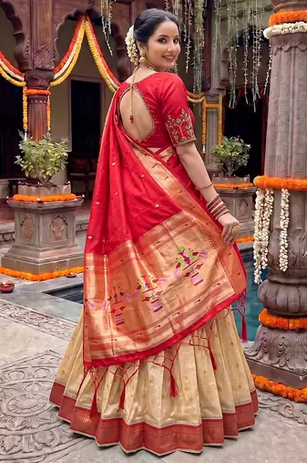 Women's Kanchipuram Silk Zari Woven Lehenga Choli with Paithani Jacquard Dupatta.