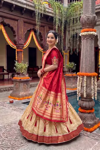 Women's Kanchipuram Silk Zari Woven Lehenga Choli with Paithani Jacquard Dupatta.