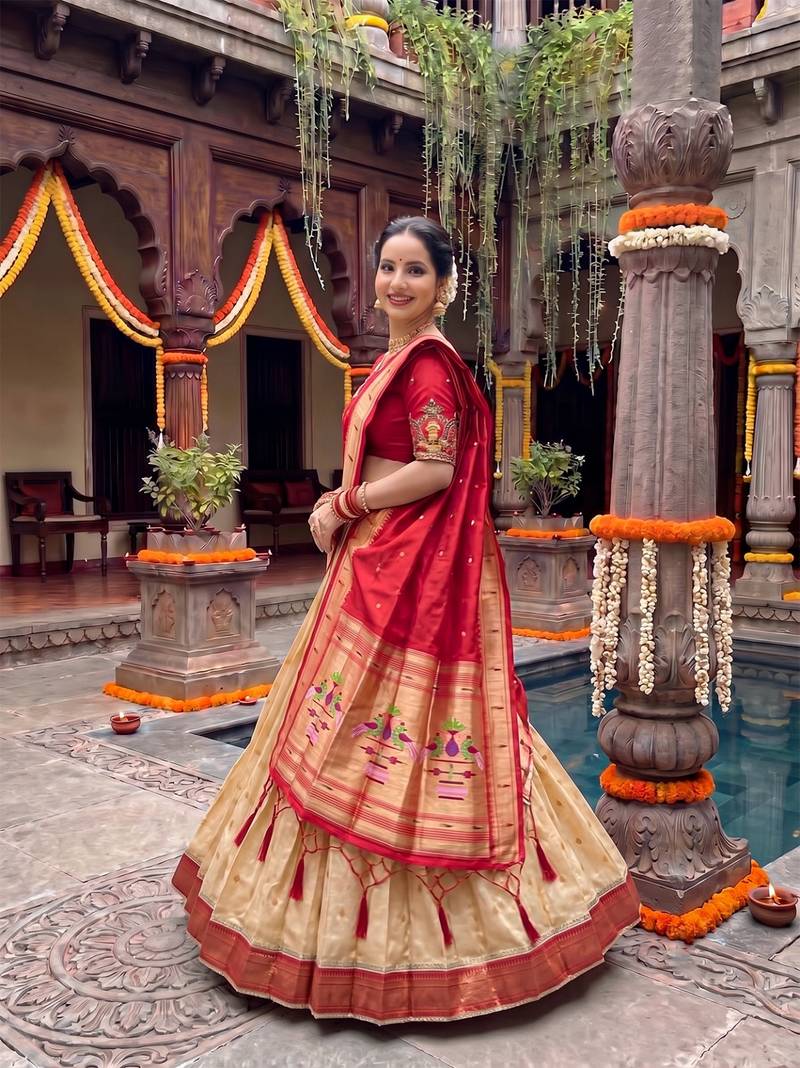 Women's Kanchipuram Silk Zari Woven Lehenga Choli with Paithani Jacquard Dupatta.