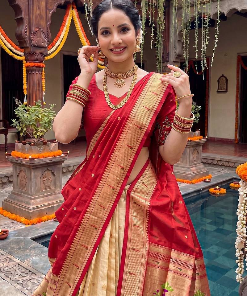 Women's Kanchipuram Silk Zari Woven Lehenga Choli with Paithani Jacquard Dupatta.