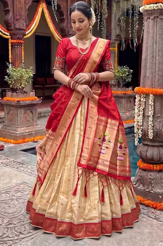 Women's Kanchipuram Silk Zari Woven Lehenga Choli with Paithani Jacquard Dupatta.