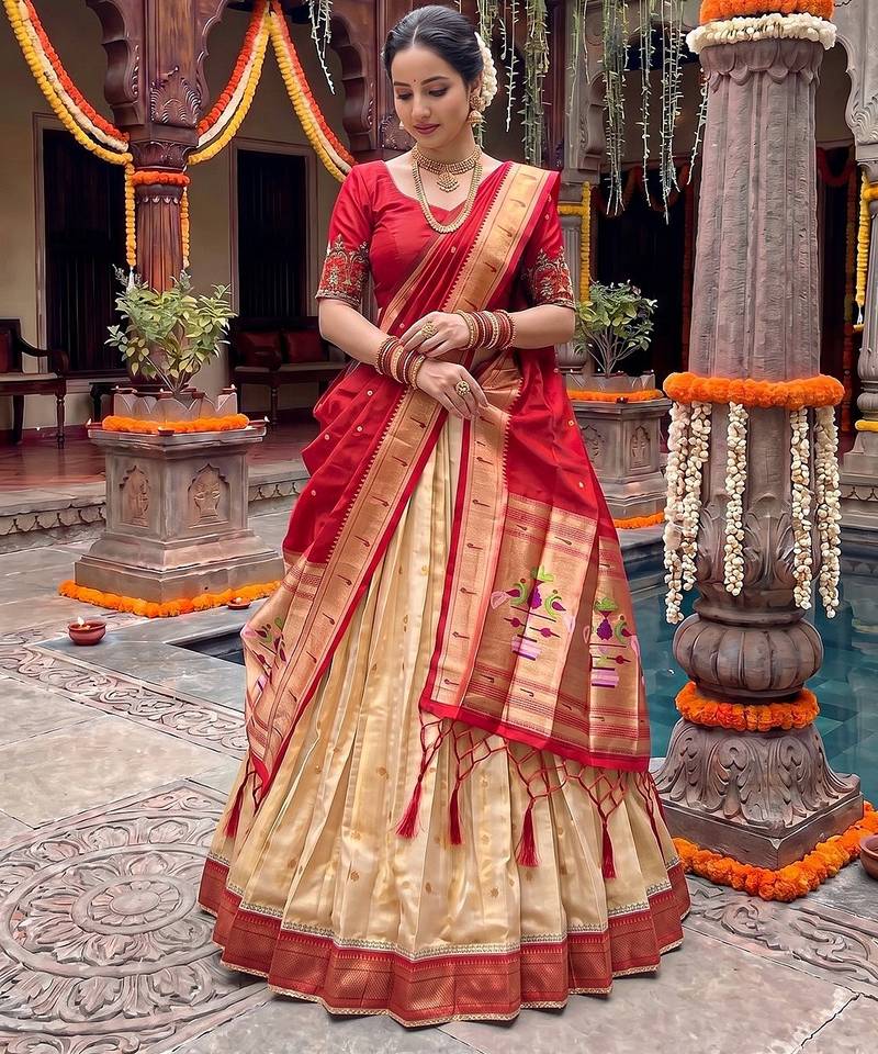 Women's Kanchipuram Silk Zari Woven Lehenga Choli with Paithani Jacquard Dupatta.
