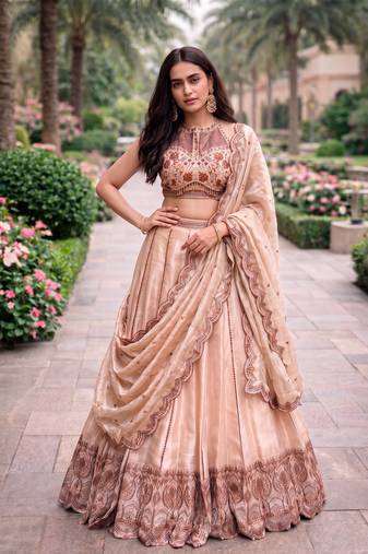 Women's Cream Spider Crush silk blend blend Embroidered Semi-Stitched Lehenga Choli Set