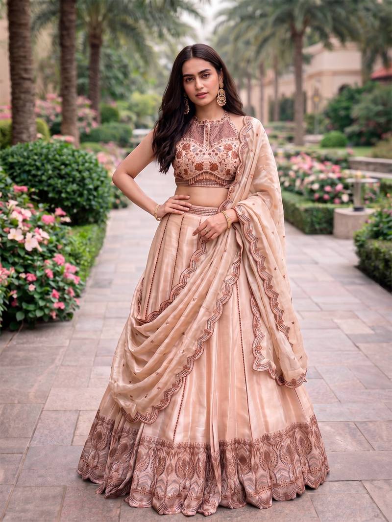 Women's Cream Spider Crush silk blend blend Embroidered Semi-Stitched Lehenga Choli Set