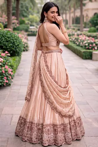 Women's Cream Spider Crush silk blend blend Embroidered Semi-Stitched Lehenga Choli Set