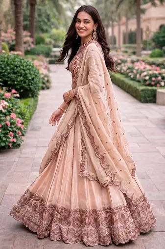 Women's Cream Spider Crush silk blend blend Embroidered Semi-Stitched Lehenga Choli Set