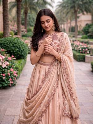 Women's Cream Spider Crush silk blend blend Embroidered Semi-Stitched Lehenga Choli Set 4