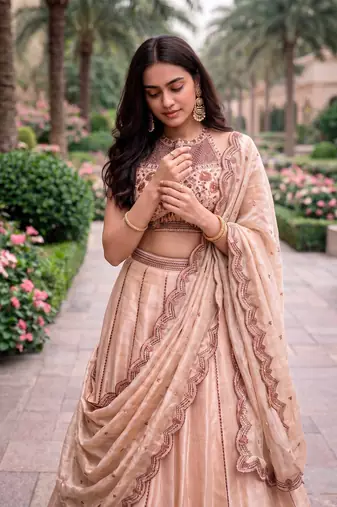 Women's Cream Spider Crush silk blend blend Embroidered Semi-Stitched Lehenga Choli Set