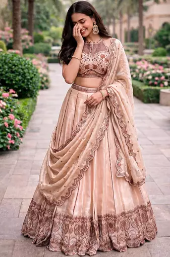 Women's Cream Spider Crush silk blend blend Embroidered Semi-Stitched Lehenga Choli Set