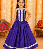 Purple mirror work premium roman silk fully flared chaniya choli for navratri