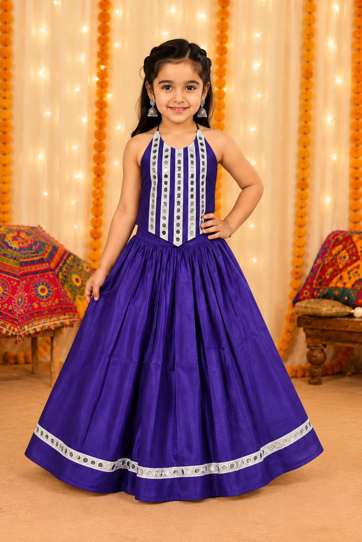 Purple mirror work premium roman silk fully flared chaniya choli for navratri