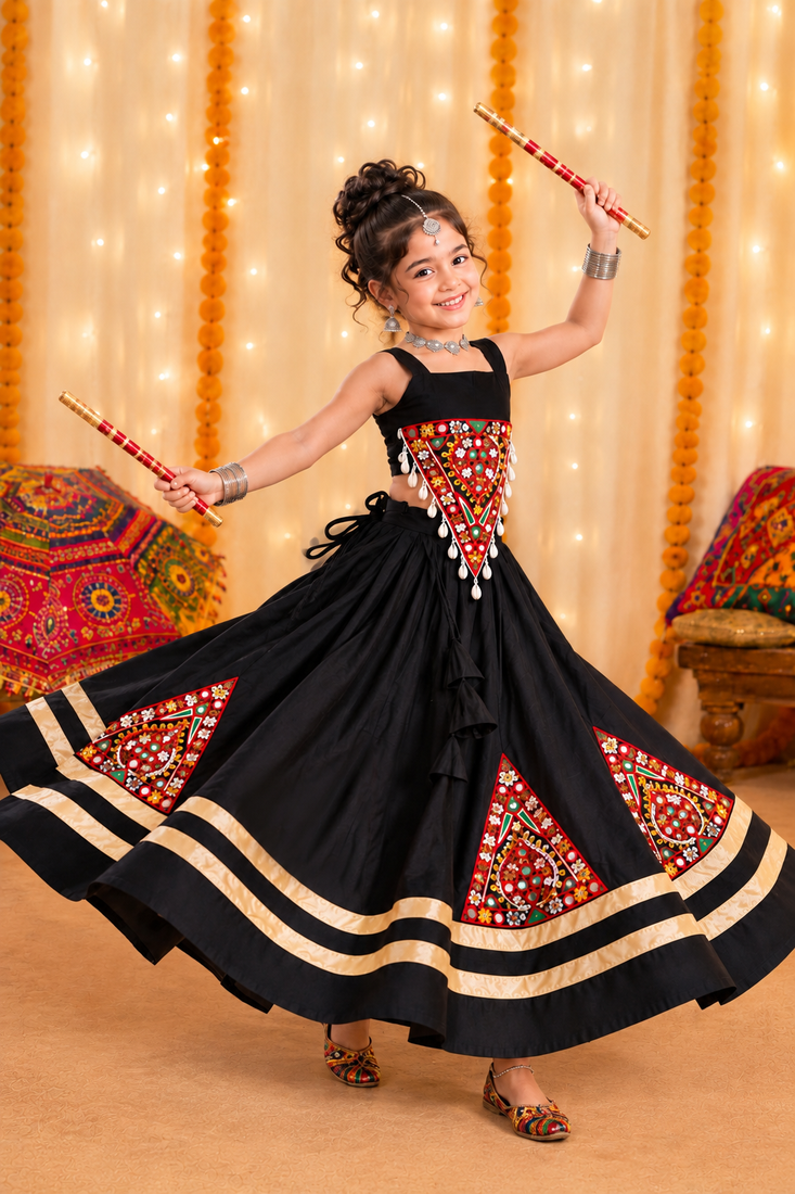 Black premium roman silk fully flared lehenga choli for festive and navratri wear