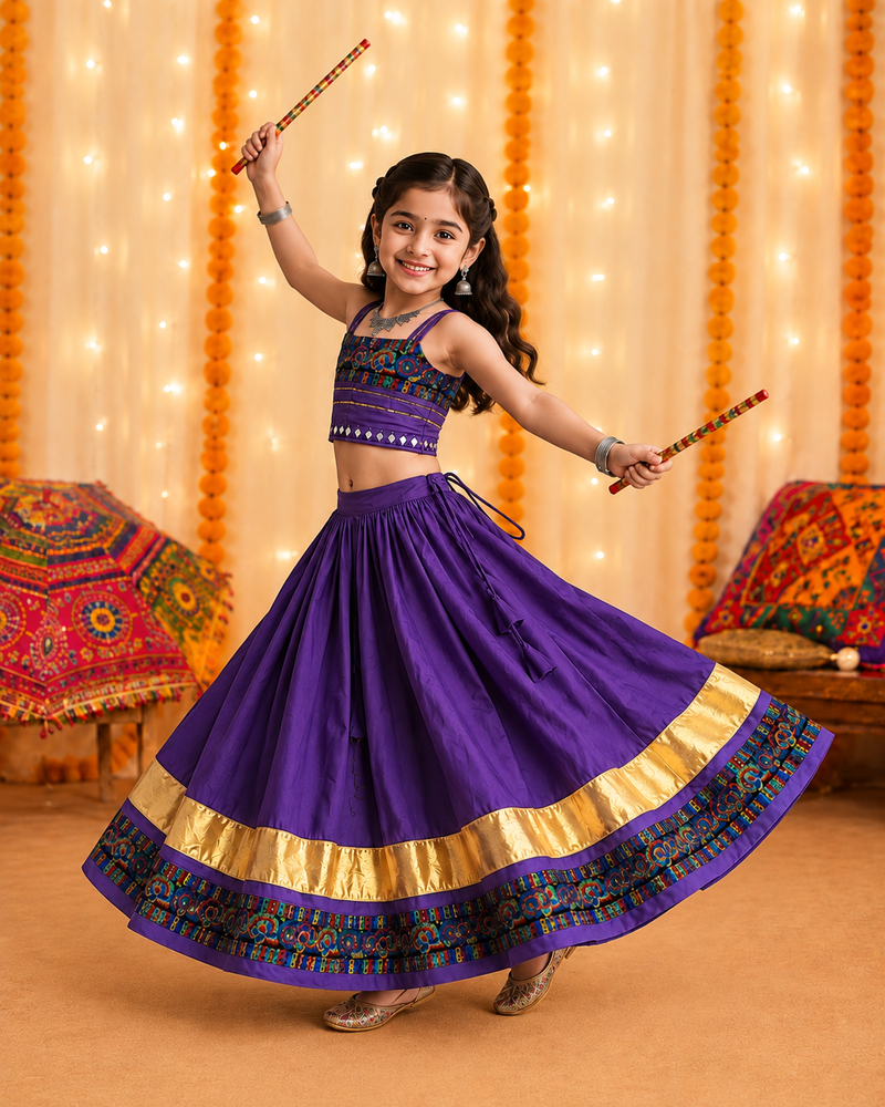 Purple premium roman silk fully flared chaniya choli for navratri