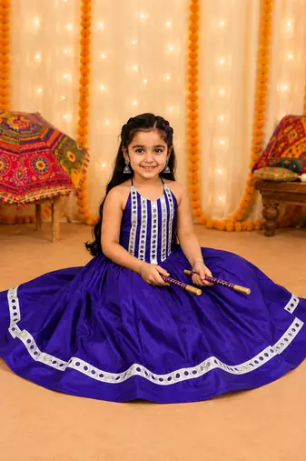Purple mirror work premium roman silk fully flared chaniya choli for navratri