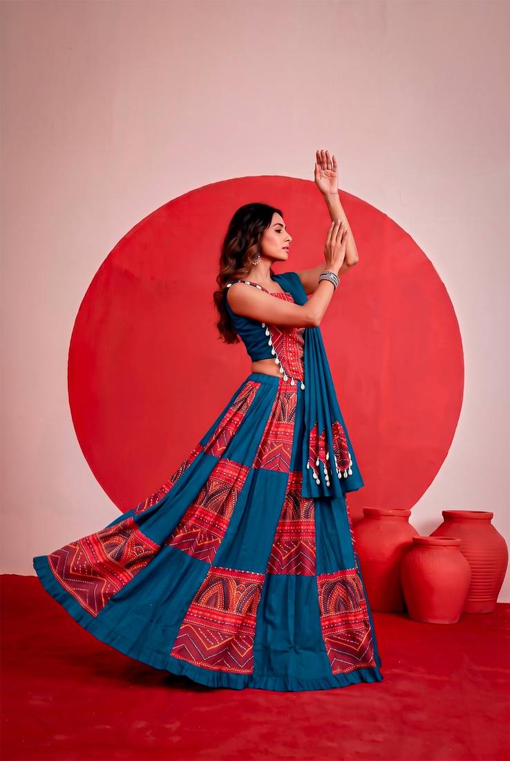 blue printed foil work cotton navratri lehenga choli set