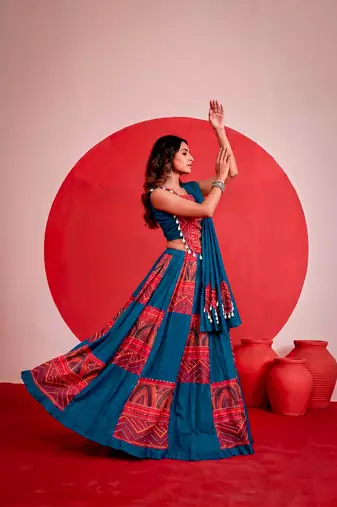 blue printed foil work cotton navratri lehenga choli set