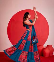 blue printed foil work cotton navratri lehenga choli set