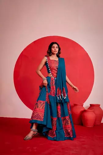 blue printed foil work cotton navratri lehenga choli set