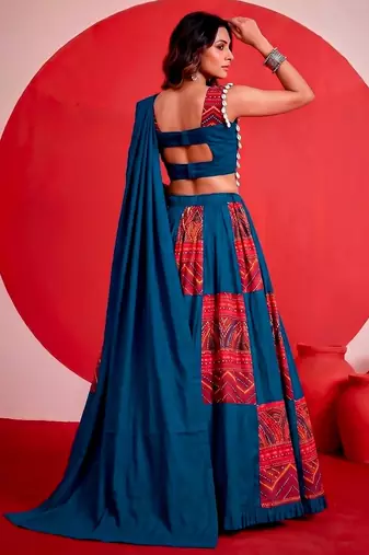 blue printed foil work cotton navratri lehenga choli set