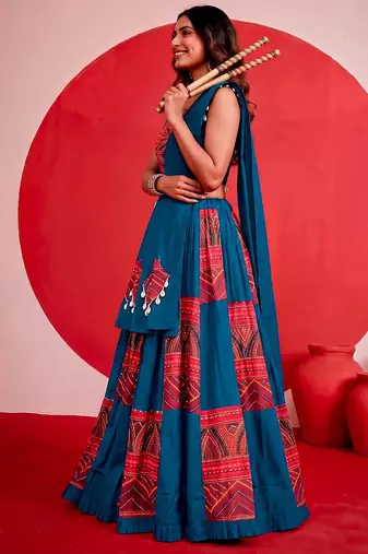 blue printed foil work cotton navratri lehenga choli set