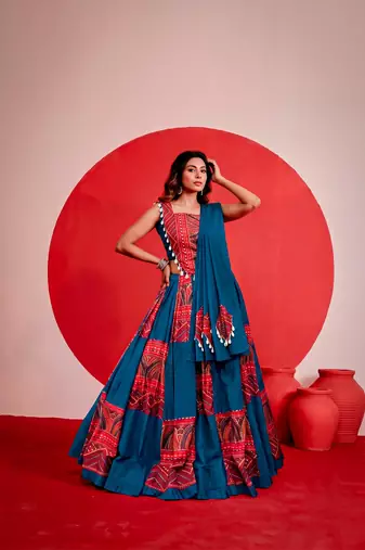blue printed foil work cotton navratri lehenga choli set