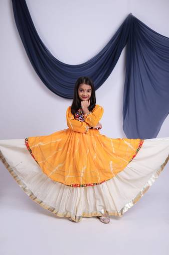 off-white kora cotton kids lehenga with yellow choli