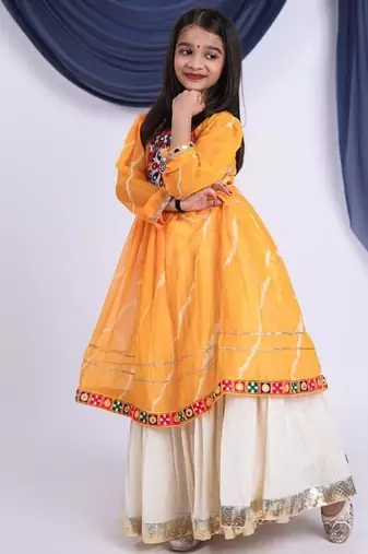 off-white kora cotton kids lehenga with yellow choli