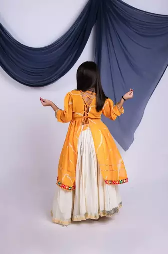 off-white kora cotton kids lehenga with yellow choli