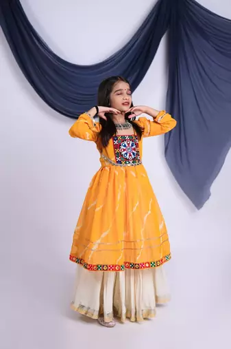 off-white kora cotton kids lehenga with yellow choli
