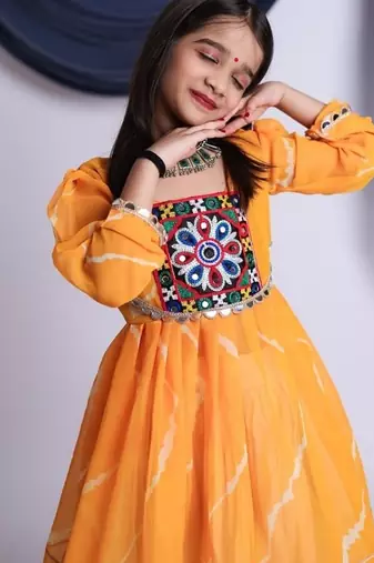 off-white kora cotton kids lehenga with yellow choli