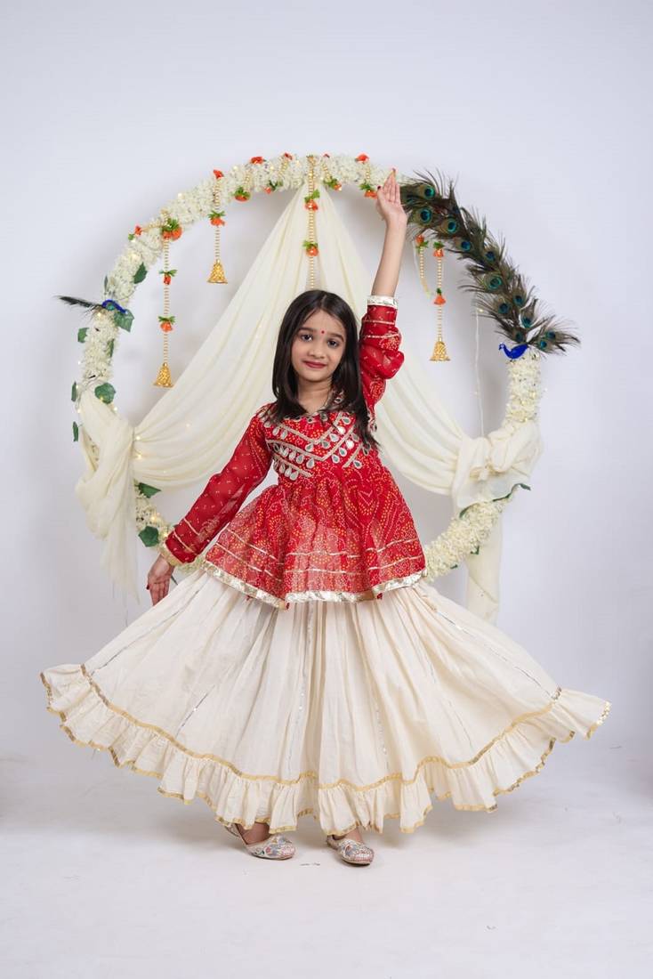 Offwhite kora cotton lehenga with embrodery work choli kids navratri collection