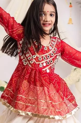off-white kora cotton kids lehenga with red choli