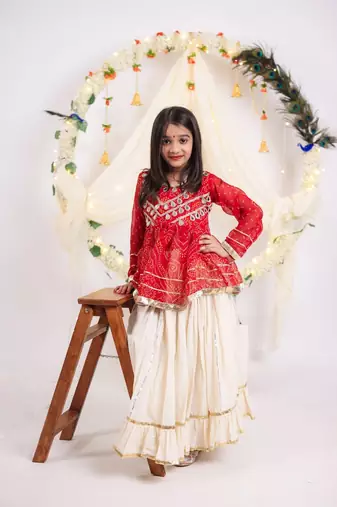 off-white kora cotton kids lehenga with red choli