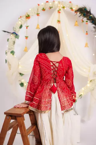 off-white kora cotton kids lehenga with red choli
